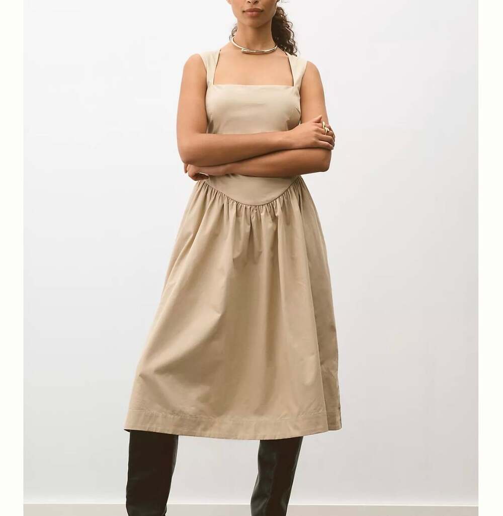 NWT Anthropologie Maeve Sleeveless Drop-Waist Midi Dress in Beige Tan L